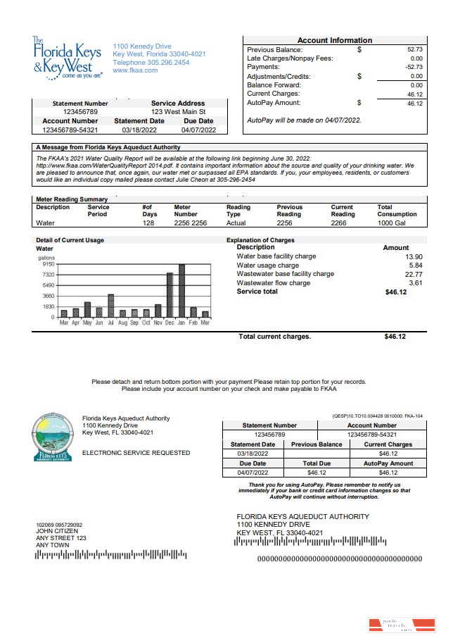 USA Florida Florida Keys utility bill template in Word and PDF format